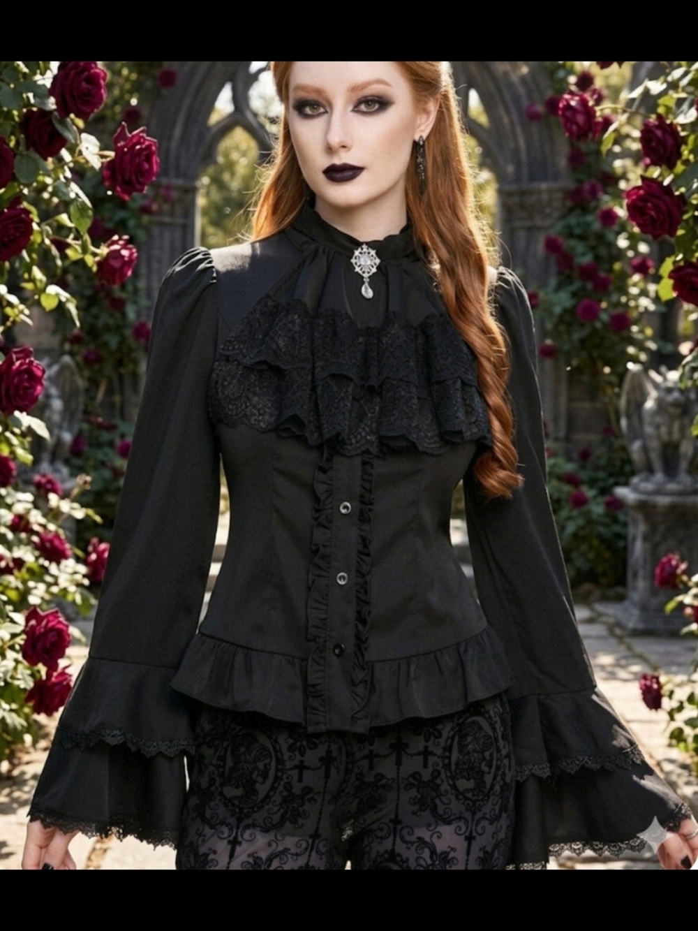 Victorian-Inspired Black Ruffle Lace Blouse